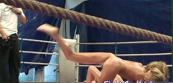  Lotioned babes wrestling in a boxing ring